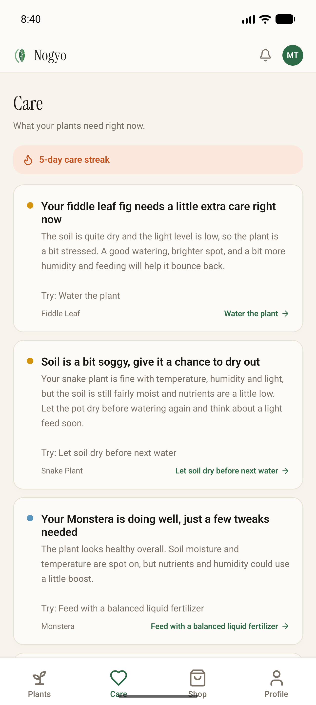 The nogyo.ai care screen, listing what each plant needs right now