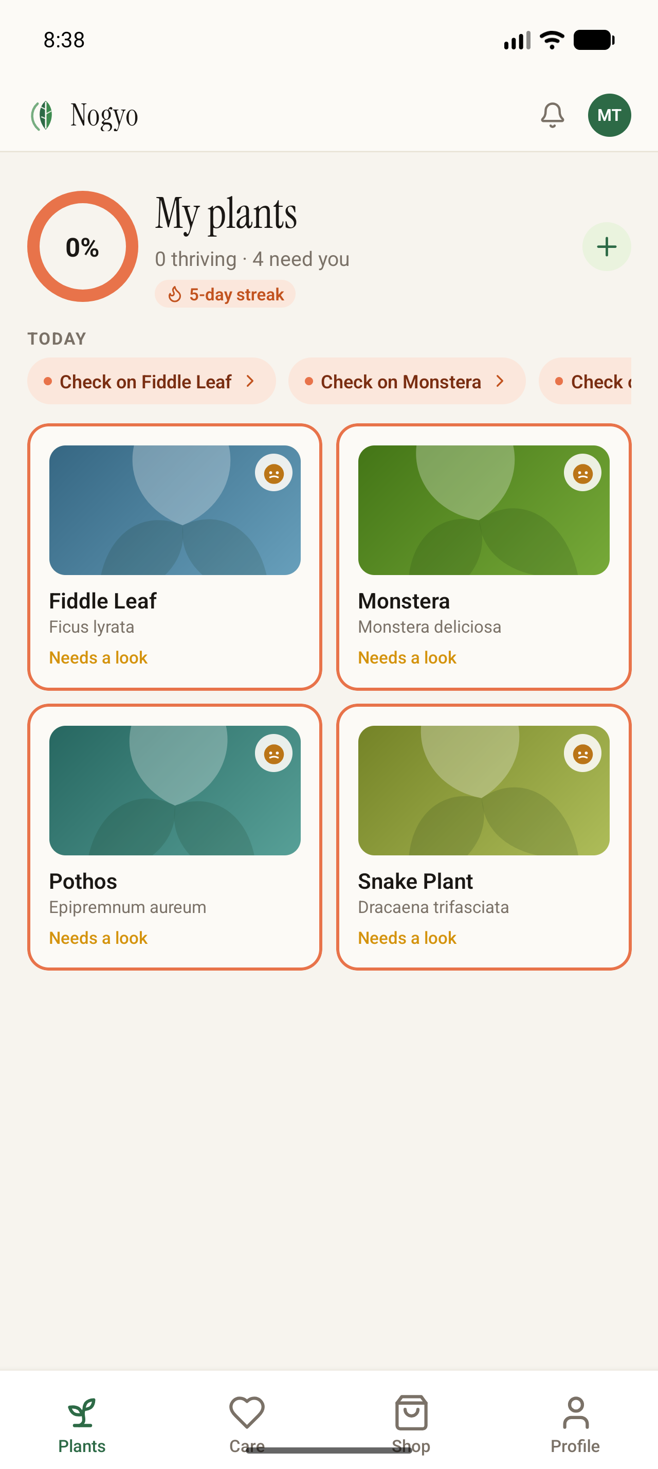 The nogyo.ai app, showing the plants you are caring for